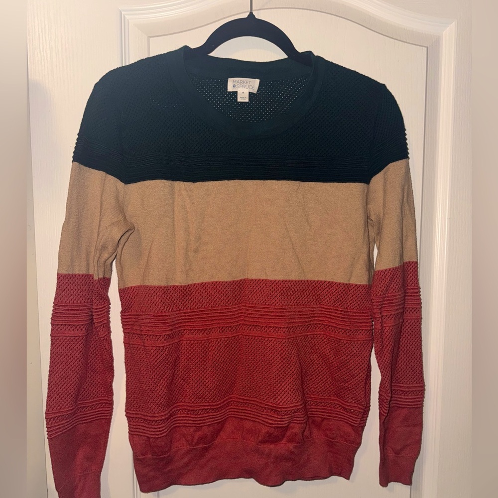 Market and Spruce Women’s Long Sleeve Sweater Green Tan Red M